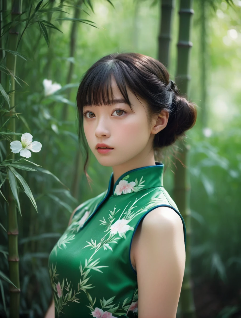 1girl,(RAW photo, best quality), (realistic, photo-realistic:1.4), masterpiece, an extremely delicate and beautiful, extremely detailed, 2k wallpaper, Amazing, finely detail, extremely detailed CG unity 8k wallpaper, ultra-detailed, highres, hard light, beautiful detailed girl, extremely detailed eyes and face, beautiful detailed nose, beautiful detailed eyes,cinematic lighting,
at a bamboo forest,surrounded by panda
wearing green sleeveless qipao with floral pattern,(hair buns)
(black hair),(hair with bangs) <lora:MTAHashimotoKannaXLv2-000008:1>