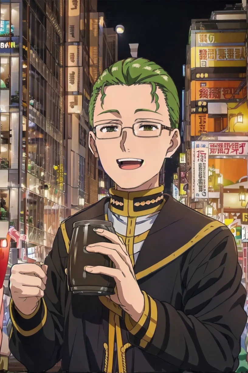 best quality,masterpiece,ultra high res,
heiter, 1boy, male focus, glasses, solo, cup, beer mug, open mouth, smile, looking at viewer, green hair, upper body, holding cup, alcohol, beer, robe,
BREAK
kabukicho1, city, scenery, night, 6+boys, sign, moon, street, real world location, road, multiple boys, cityscape, building, outdoors, multiple girls, neon lights, crowd
<lora:heiter_SD15_V1:0.8> <lora:kabukicho1_SD15_V1:0.8>