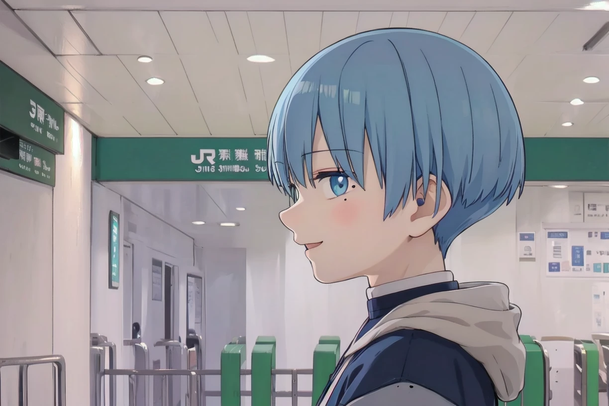 best quality,masterpiece,ultra high res,
1boy, solo,mole under eye, male focus, looking at viewer, upper body, anime coloring, happy, smile, from side, 
higashikaisatsu, shinjuku, entrance, scenery, indoors, real world location
 <lora:shinjuku_higashikaisatsu_SD15_V1:0.8>  <lora:himmel_sousou_no_frieren:0.7> himmel_sousou_no_frieren blue hair blue eyes