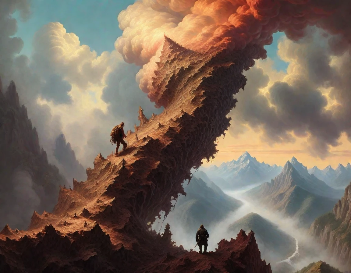 surrealistic, person climbing a  Frac_XL mountain, in the style of Albert Bierstadt<lora:Frac_XL:1>