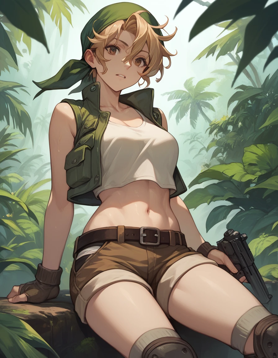 score_9, score_8_up, score_7_up, score_6_up, score_5_up, score_4_up, source_anime
<lora:metalslug-ponyxl-000002:1>
kasamoto eri, bandana, crop top, vest, midriff, navel, socks, brown shorts, short shorts, knee pads, combat boots,
1girl, jungle, gun