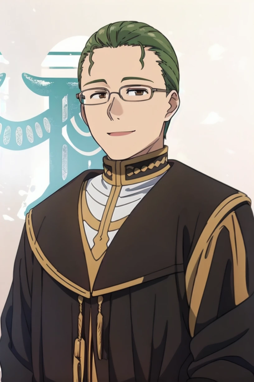best quality,masterpiece,ultra high res,
heiter, 1boy, male focus, solo, glasses, green hair, standing, looking at viewer, smile, robe, brown eyes, simple background, white background, face focus, upper body,
<lora:heiter_SD15_V1:0.8>
