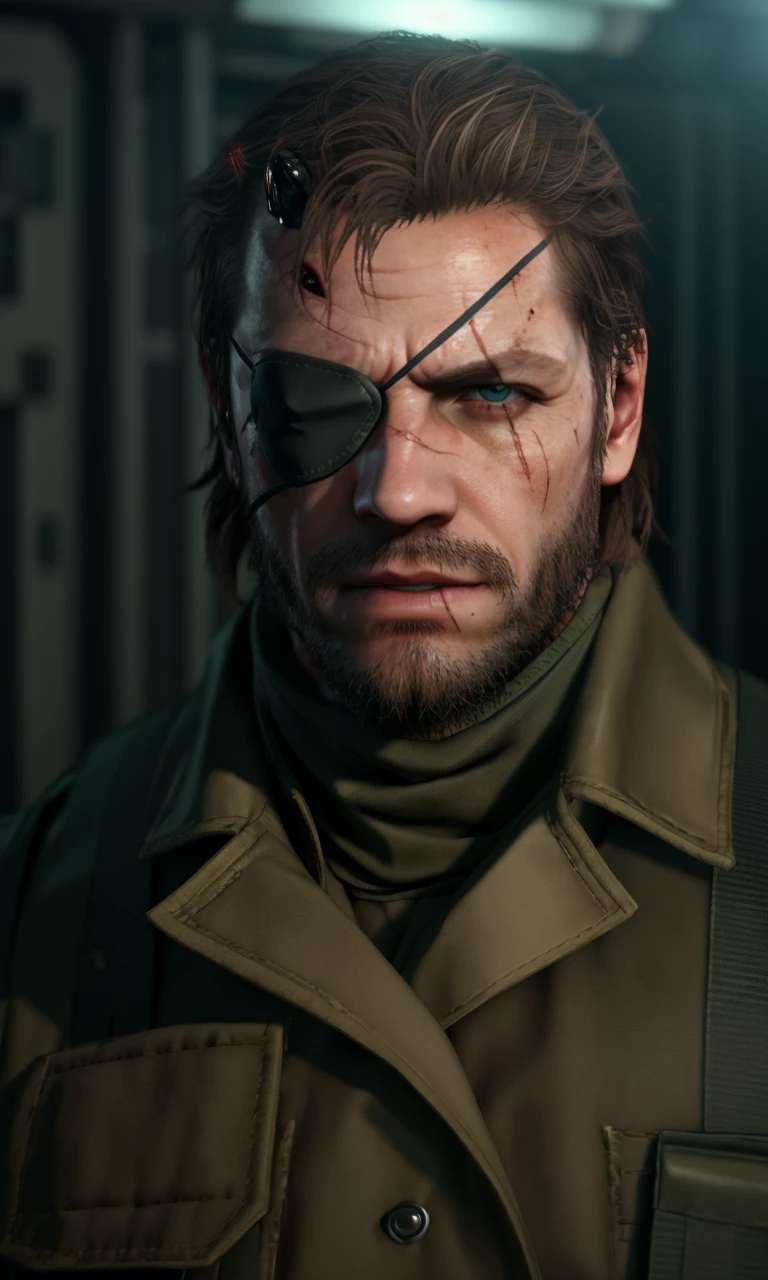vensnamgsv2024, 1man, cinematic lighting, depth of field, 1 eyepatch, scars, best quality, photorealistic, masterpiece, 5 fingers, green eye, shrapnel in forehead, army uniform, scarf,