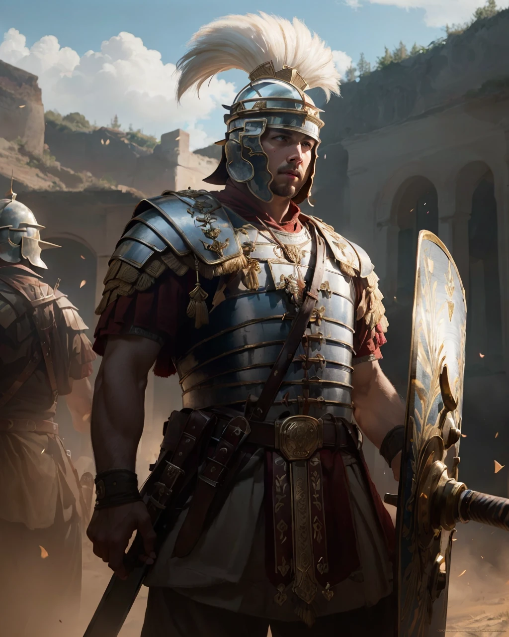 best quality,masterpiece,highly detailed,ultra-detailed, 
<lora:neg4all_bdsqlsz_V3.5:-1>,
 <lora:RomanLegionary:1>1boy, armor, facial hair, helmet, holding, holding sword, holding weapon, knife, male focus, realistic, romanlegionary, shield, sword, war, weapon, white hair