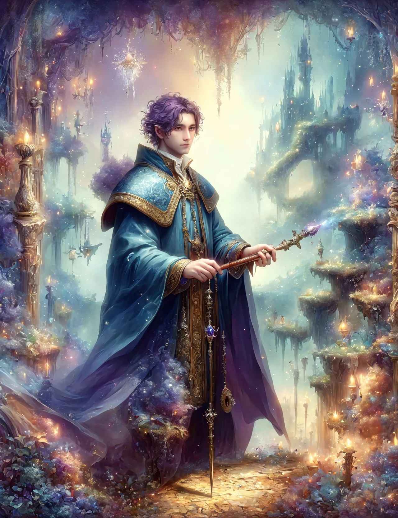 masterpiece, awesome quality, hyper detailed, DonMP4ste11F41ryT4l3, fairytale, male viltvodle vi, arcane scholar,, wand, <lora:DonMP4ste11F41ryT4l3-000004:0.8>