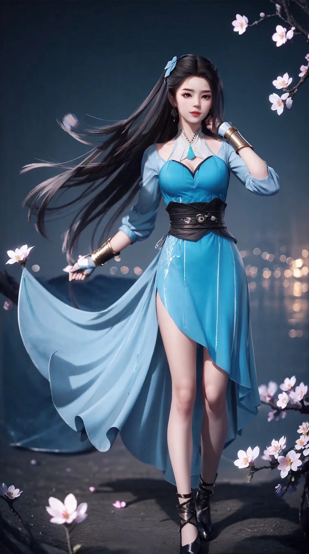 <lora:jmai_20240227191815-0000010:0.8>,blue_dress,panorama,full_body,exploring cherry blossom branches,wonderland,light blue element,night,side light shining on the face,