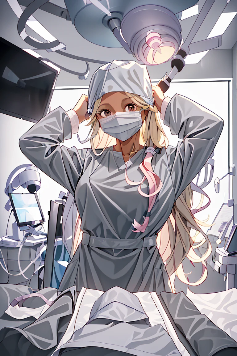 (RAW photo, best quality), 1girl, operating room, overhead surgical light, blurred background, focused,
 <lora:Marylin_Croze_CSTC_V1.0-000004:0.9> marylin croze,long hair,blonde_hair,gradient hair,dark_skin, mature female,gray_eyes,
 <lora:concept_surgery_pose_tie_up_mask_v1_1:0.8> two hands before head, tie_up_mask,surgical outfit, surgical mask, long sleeves,surgical outfit, long sleeves,surgical cap