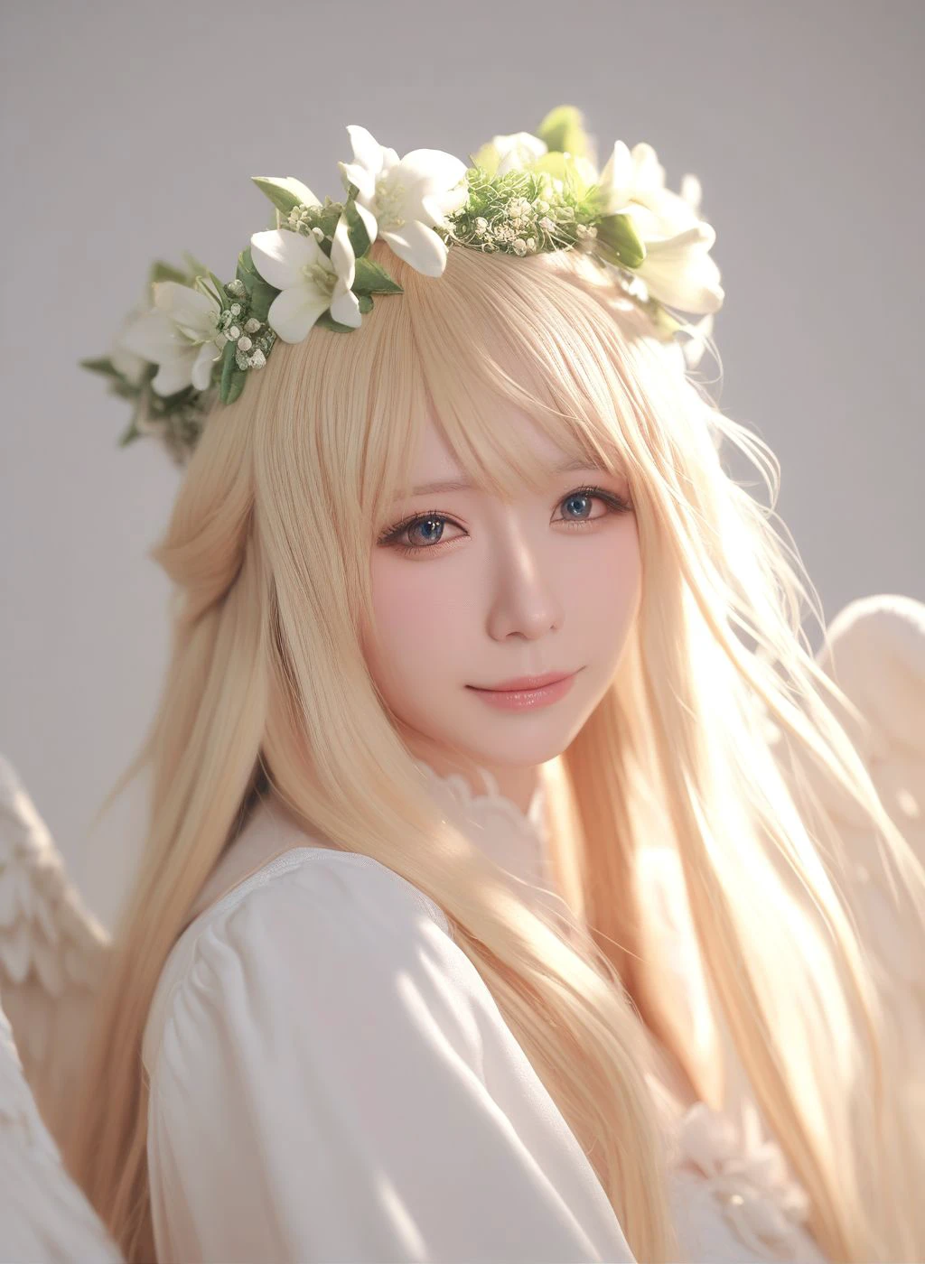 realistic, <lyco:cosgine-xl-lokr-000016:1> depth of field, cinematic lighting,
long hair, solo, white background, smile, white dress, 1girl, flower, wings, blonde hair, head wreath, blush, angel wings, feathered wings, upper body, white flower, angel, closed mouth, dress
