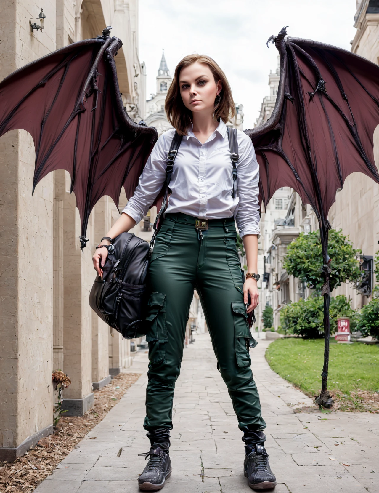 masterpiece, awesome quality, hyper detailed, DonM1i1McQu1r3 woman,wings, cargo pants, tunic, picnic basket backpack , <lora:DonM1i1McQu1r3:1>