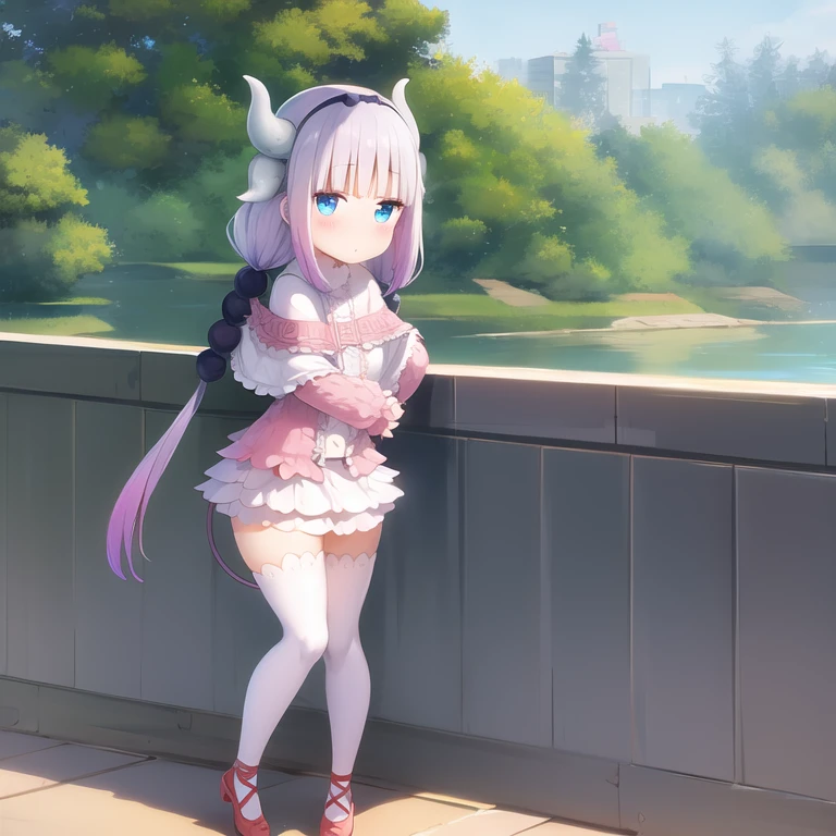 1girl, kanna, blue_eyes, solo, dragon_horns, dragon_girl, full body, kannakamui, long hair, twintails, hair ornament, hairband, low twintails, looking at viewer, tail, hair beads, thighhighs, beads, white thighhighs, capelet, bangs, blush, detailed background, outdoors:1.1, hands:0.9,  <lora:Kanna-v1:1>