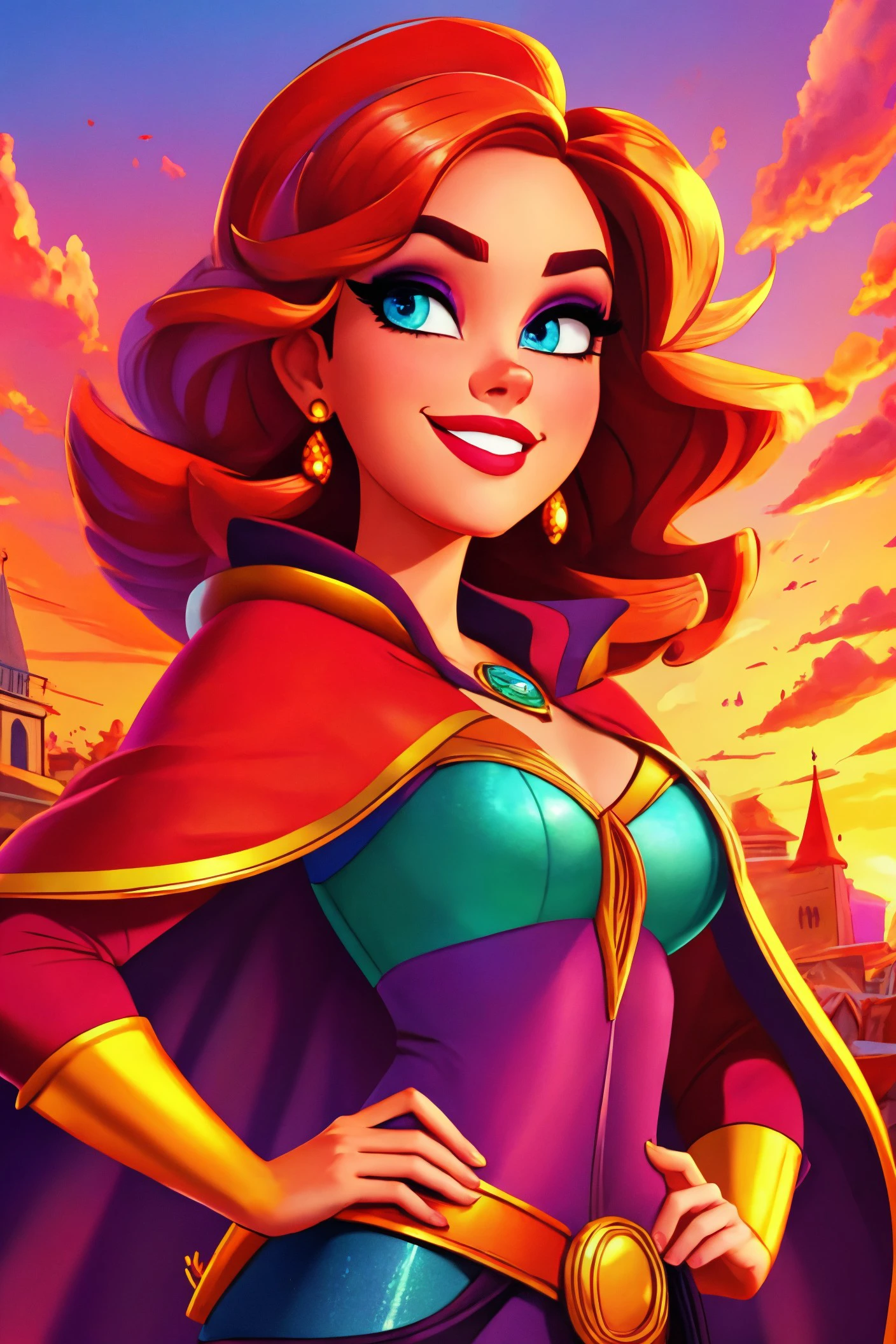 Anjelika Fotson standing close up, young, makeup, smiling,
beautiful face, masterpiece, highres, cartoon, pixar, animation,
cape,
Sunset at a bustling marketplace,
<lora:anjelika_fotson:0.75>