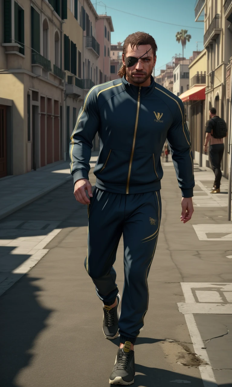 vensnamgsv2024, 1man, cinematic lighting, depth of field, 1 eyepatch, scars, best quality, photorealistic, masterpiece, 5 fingers, green eye, shrapnel in forehead, full body, blue tracksuit, jogging, Venice beach boardwalk, gold chain