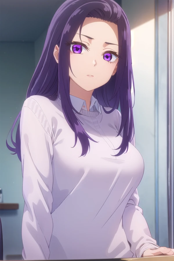 sayuriakino, <lora:sayuri akino s1-lora-nochekaiser:1>,
sayuri akino, long hair, hair ornament, hairclip, purple hair, (purple eyes:1.1), (forehead:1.2),
BREAK shirt, white shirt, collared shirt, sweater, black sweater,
BREAK indoors, classroom,
BREAK looking at viewer, (cowboy shot:1.5),
BREAK <lyco:GoodHands-beta2:1>, (masterpiece:1.2), best quality, high resolution, unity 8k wallpaper, (illustration:0.8), (beautiful detailed eyes:1.6), extremely detailed face, perfect lighting, extremely detailed CG, (perfect hands, perfect anatomy),