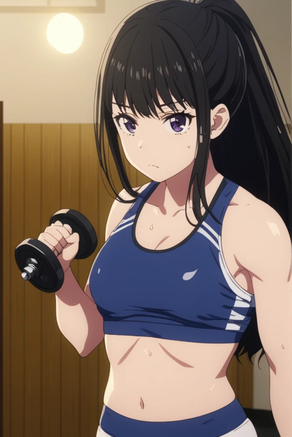 masterpiece, best quality, highres, 4k, 8k, intricate detail, cinematic lighting, amazing quality, amazing shading, soft lighting, Detailed Illustration, anime style,
takinainoue, <lora:takina-inoue-s1-sdxl-lora-nochekaiser:0.75>,
inoue takina, long hair, bangs, black hair, purple eyes,
crop top, white socks, buruma, sports bra, sportswear, wristwatch, sports bikini,
indoors, gym, dumbell, holding dumbell, towel, sweatdrop, exercise machine, weight, punching bag,
looking at viewer, cowboy shot,
