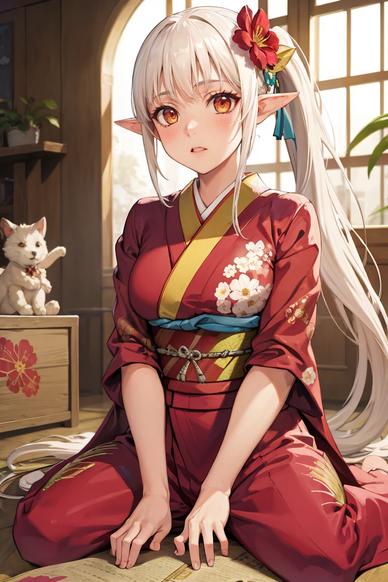 masterpiece, best quality, absurdres, 1girl, solo, SummonerAldra, long hair, ponytail, hair ornament, indoors, kimono, hair flower, floral print, wariza, sitting, <lora:SummonerAldra:1>