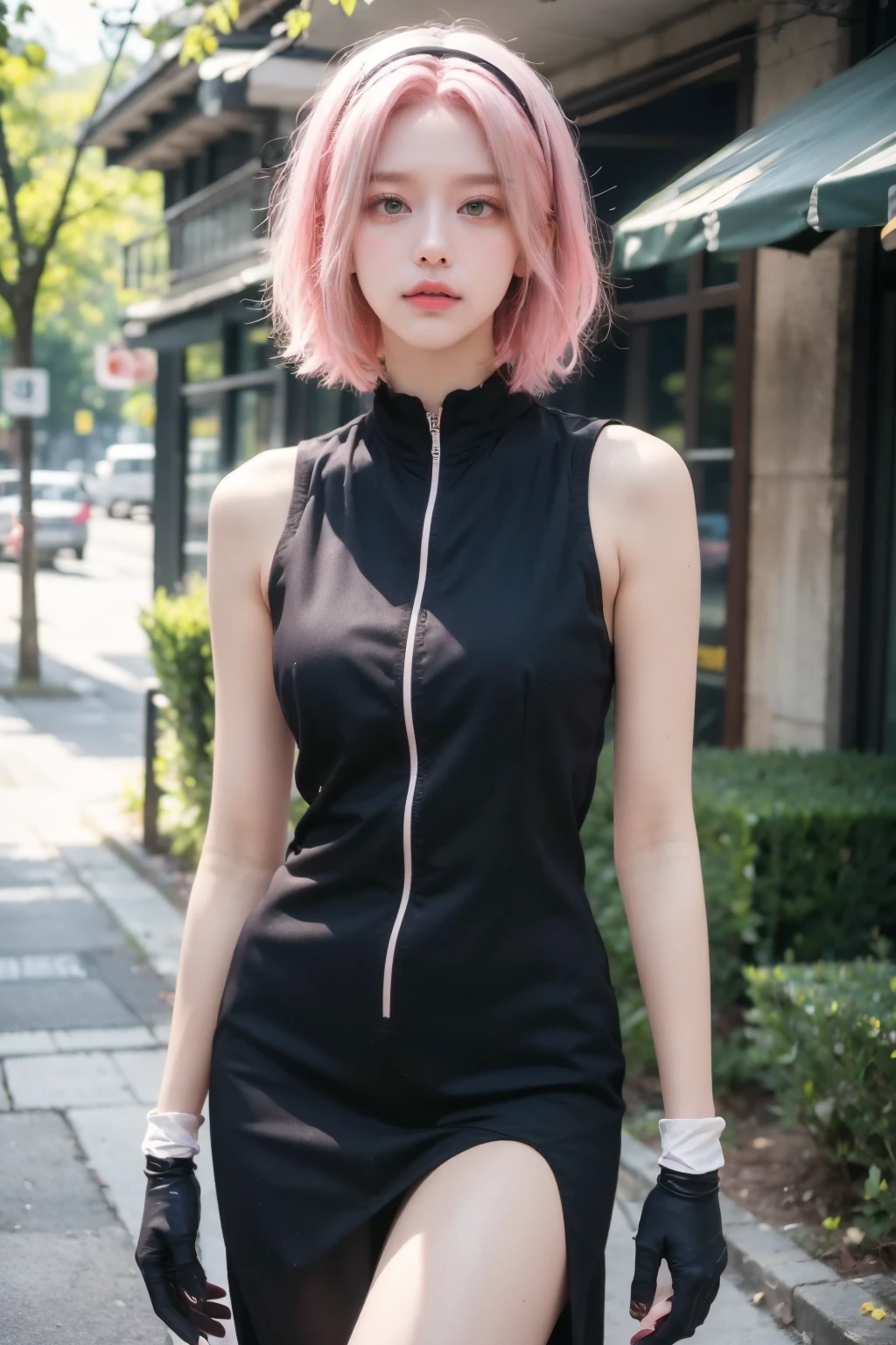 <lora:xiaoyin-6:0.8>,(face lighting:0.8),bright backlight,super high resolution,best quality,Photos,4k,(Realistic:1.2),xiaoyin,1girl,pink hair,short hair,green eyes,hairband,gloves,thigh,outdoor,dress,standing,