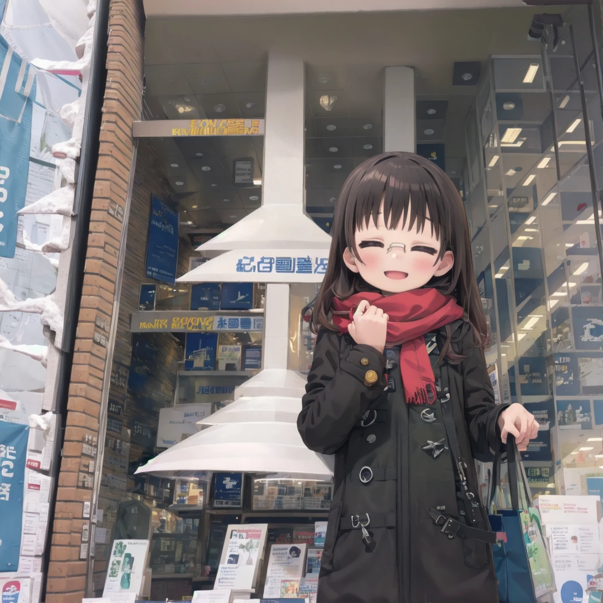 masterpiece, best quality, ultra-detailed, illustration,
1girl, solo, glasses, black hair, long hair, duffel coat, winter coat, winter scarf, pants, bag, looking at viewer, blush, happy, smile, closed eyes, blush,
kinokuniya, storefront, scenery, sign, multiple boys, shop, poster (object), real world location, 6+boys, outdoors
 <lora:kinokuniya_shinjuku_L_SD15_V1:1>