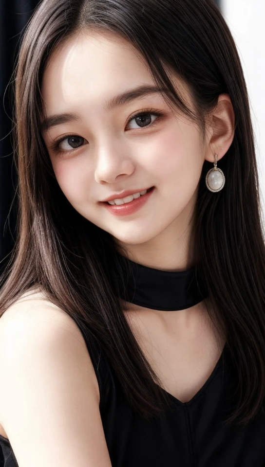 RAW photo, face portrait photo of beautiful y.o girl, cute face, wearing black dress, happy face, hard shadows, cinematic shot,
