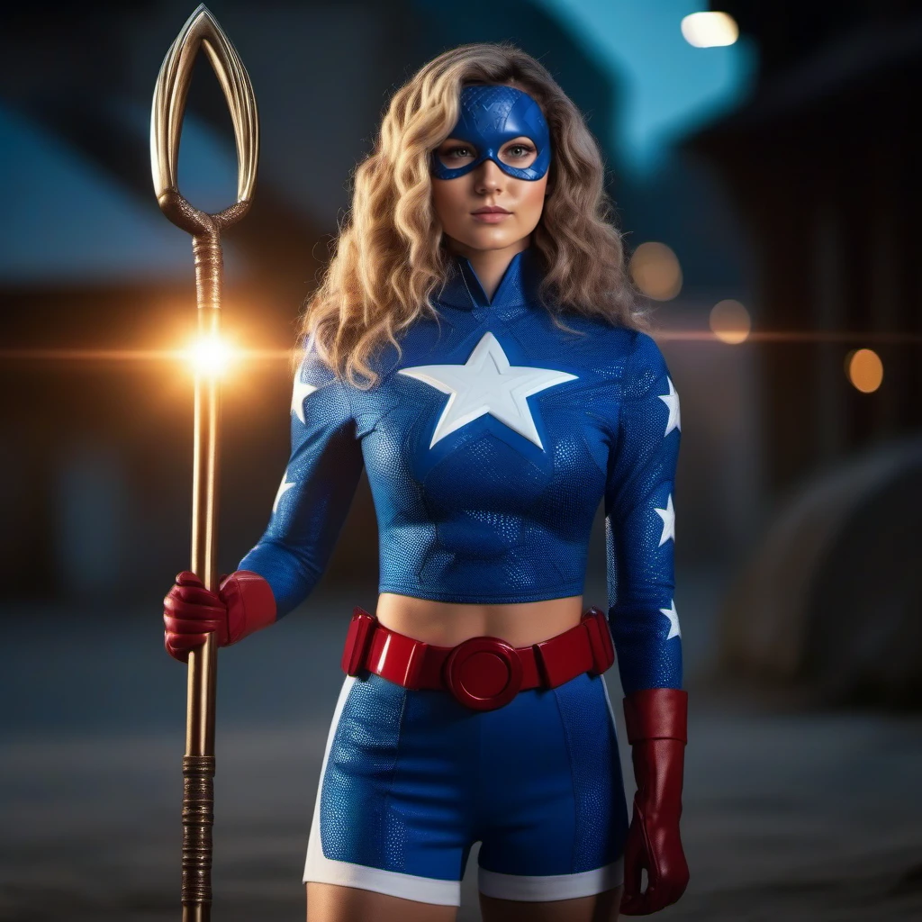 cinematic photo a woman dressed as a superhero with a stick, full body <lora:Stargirl1024:0.8> . 35mm photograph, film, bokeh, professional, 4k, highly detailed