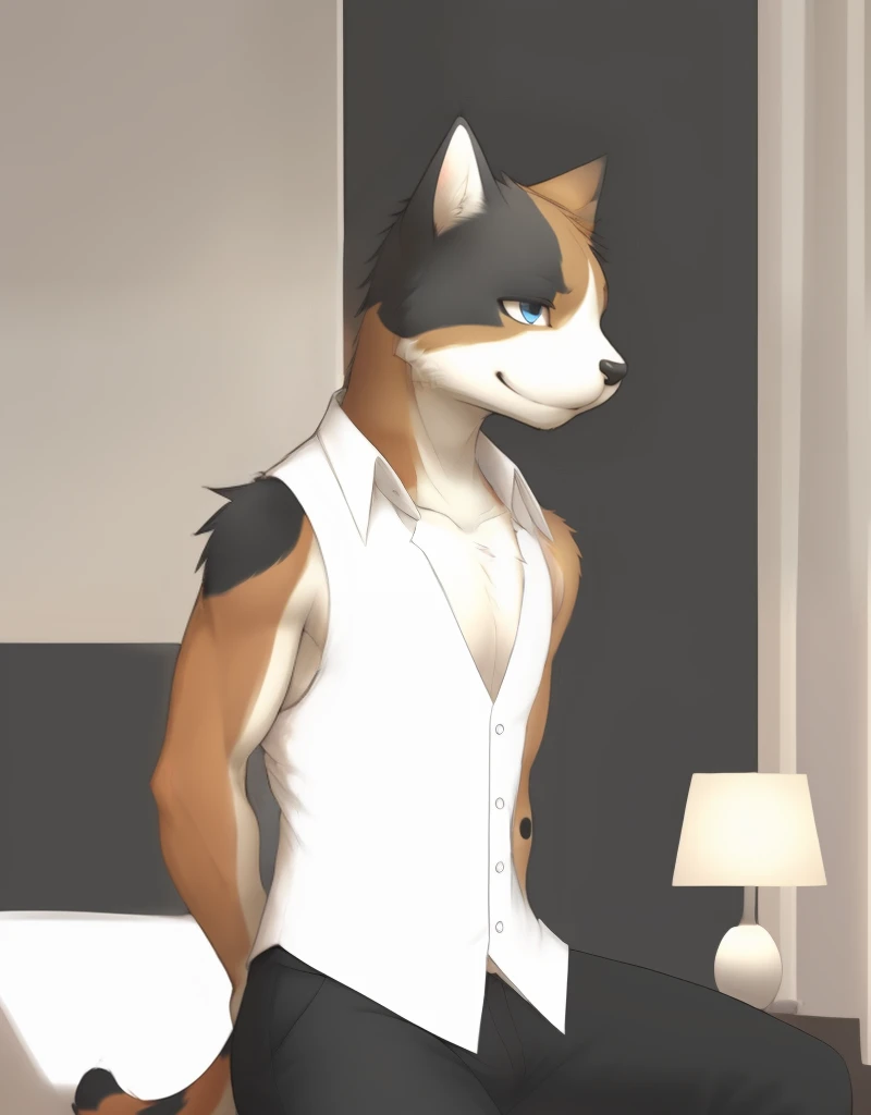 (((detailed eyes, detailed face))), (furry, jun <lora:character_jun_findigo_v1:0.9>, two-tone fur, calico cat, black spots, blue eyes), male, (solo), (plump), (white shirt, sleeveless, black pants), sitting, (arms behind back), smile BREAK (konzaburou, ukan_muri, cute), bedroom, (flat shading, flat color, high brightness), 8k, UHD, masterpiece, (full body)