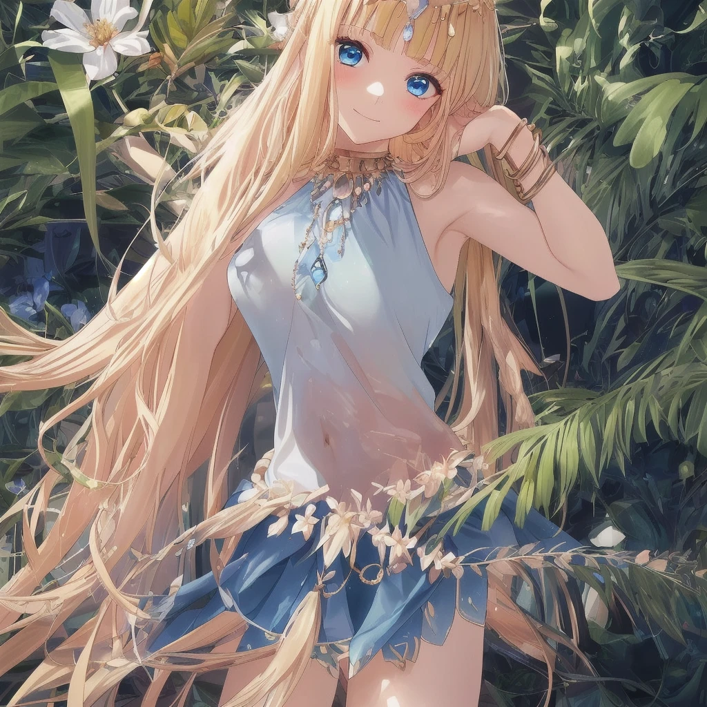 ((masterpiece)), (Highest quality), (Simple style), Blonde, braided, long hair, blue eyes, , flower garden