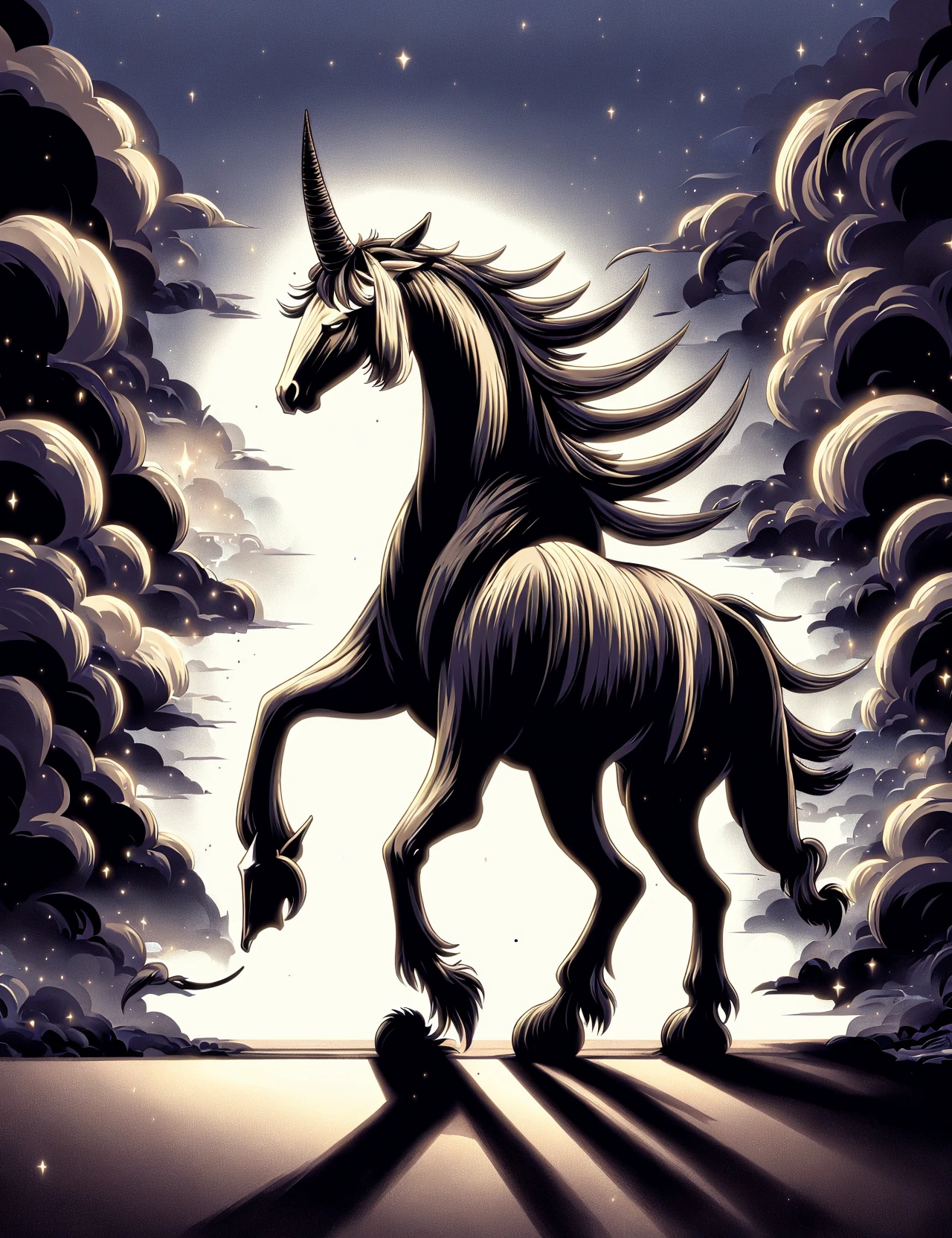 masterpiece, awesome quality, hyper detailed, DonMD4rkT00ns ,manga, djinn, mythical majestic horse creature, single horn, light colored long slender spiraled horn, elegant noble posture, gentle wise expression, purity, grace, magical, enchanting , <lora:DonMD4rkT00ns-000006:1>