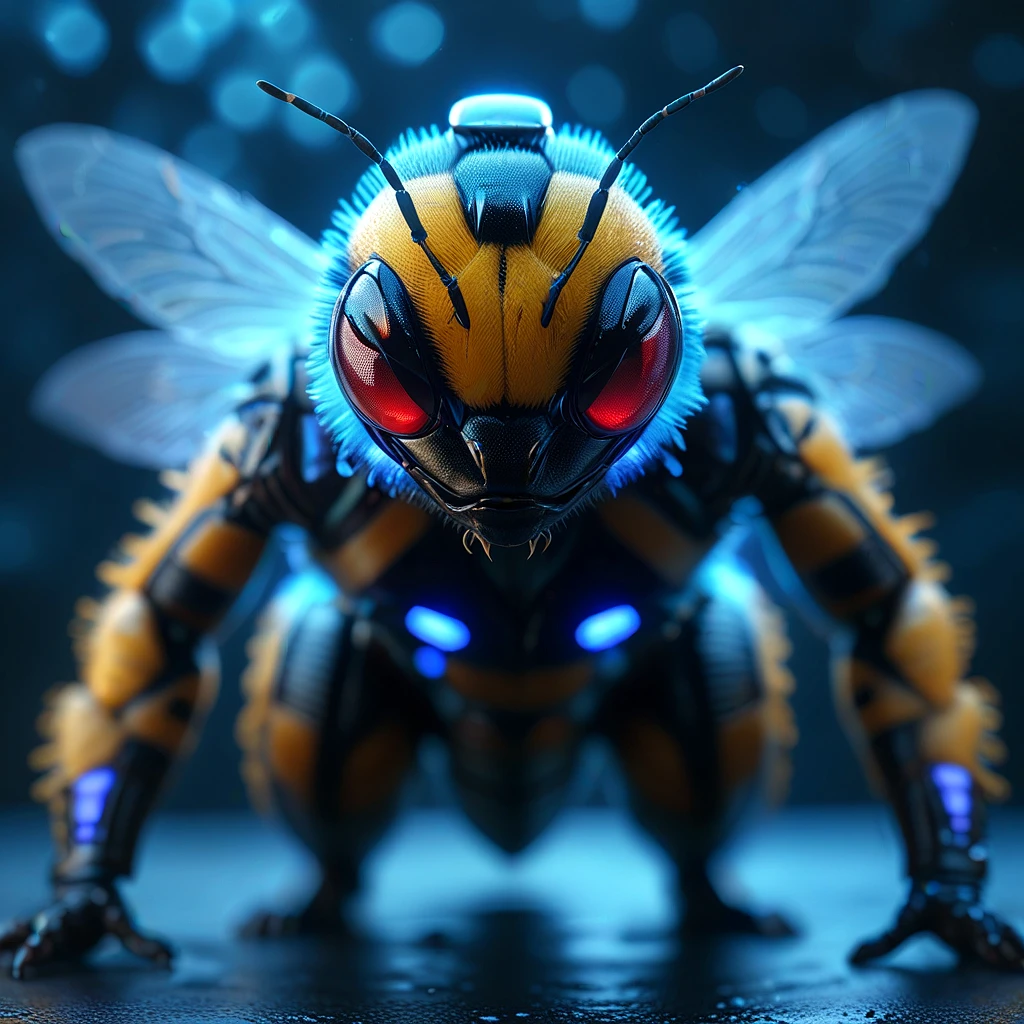 powerful glowing bumblebee, flying downwards towards the camera, front view, dynamic pose, low camera angle, highest quality