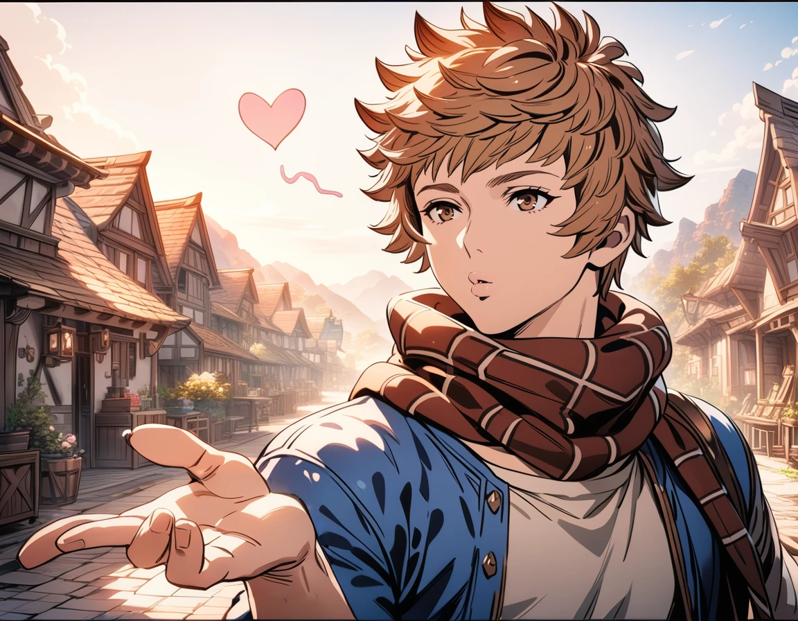 1boy,
gran \(granblue fantasy\), granblue fantasy,
scarf,
smile,
<lora:frierenkissXL1:0.9>,frierenkiss, blowing kiss,(pursed lips:1.7),heart,
outdoors,
masterpiece, best quality, ultra detailed, highres,4k,(ultra-detailed:1.4) (illustration:0.5), (ray tracing,:0.8),(anime colored:0.7),(ai-generated:0.5),