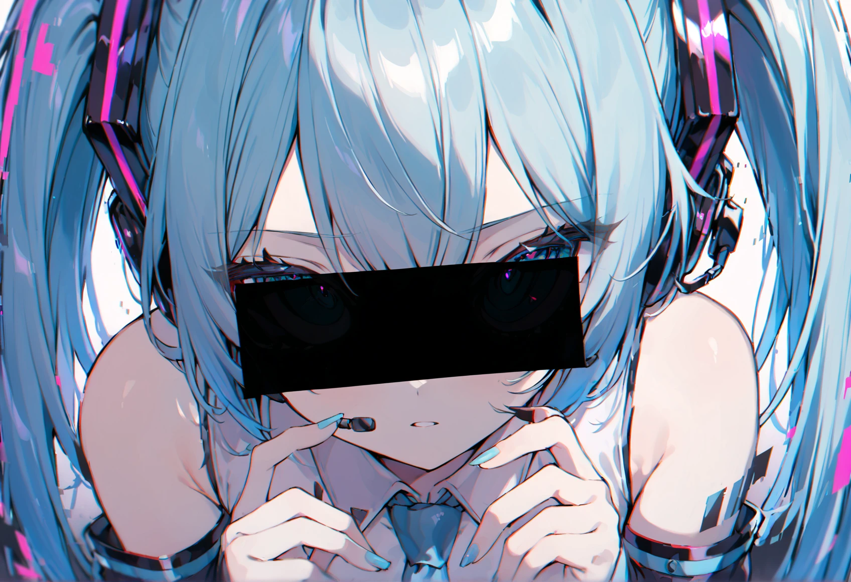 identity censor, nail polish, twintails, detached sleeves, necktie, shirt, 1girl, long hair, aqua eyes, aqua hair, headset, glitch, hair ornament, close-up, sleeveless shirt, blue nails, aqua nails, shaded face
masterpiece, best quality,
<lora:Anonymous_M:1>