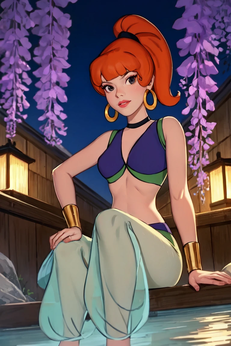 masterpiece, best quality, high quality, highres, wading,looking at viewer,solo,water, sunset, onsen, wisteria,moody lighting, BREAK, 
CARTOON_Jeannie_ownwaifu, www.ownwaifu.com, 
jewelry, earrings, hoop earrings, ponytail, choker, makeup, long hair, orange hair, breasts, eyeshadow, black eyes, high ponytail, lips, medium breasts, bangs, blunt bangs, 
midriff, pants, see-through, see-through_pants, harem pants, arabian clothes, bracelet, wristband, crop top, purple bikini, 
<lora:CARTOON_Jeannie_ownwaifu-15:1>