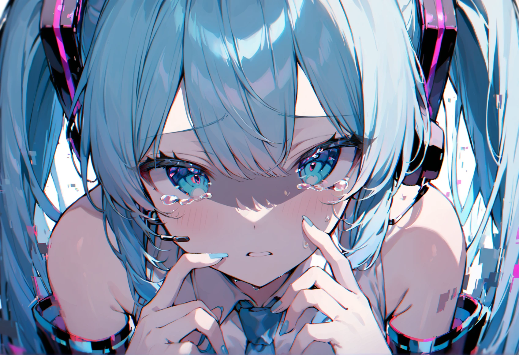 nail polish, twintails, detached sleeves, necktie, shirt, 1girl, long hair, aqua eyes, tears, aqua hair, headset, glitch, hair ornament, close-up, sleeveless shirt, blue nails, aqua nails, shaded face
masterpiece, best quality,
<lora:Anonymous_M:1>