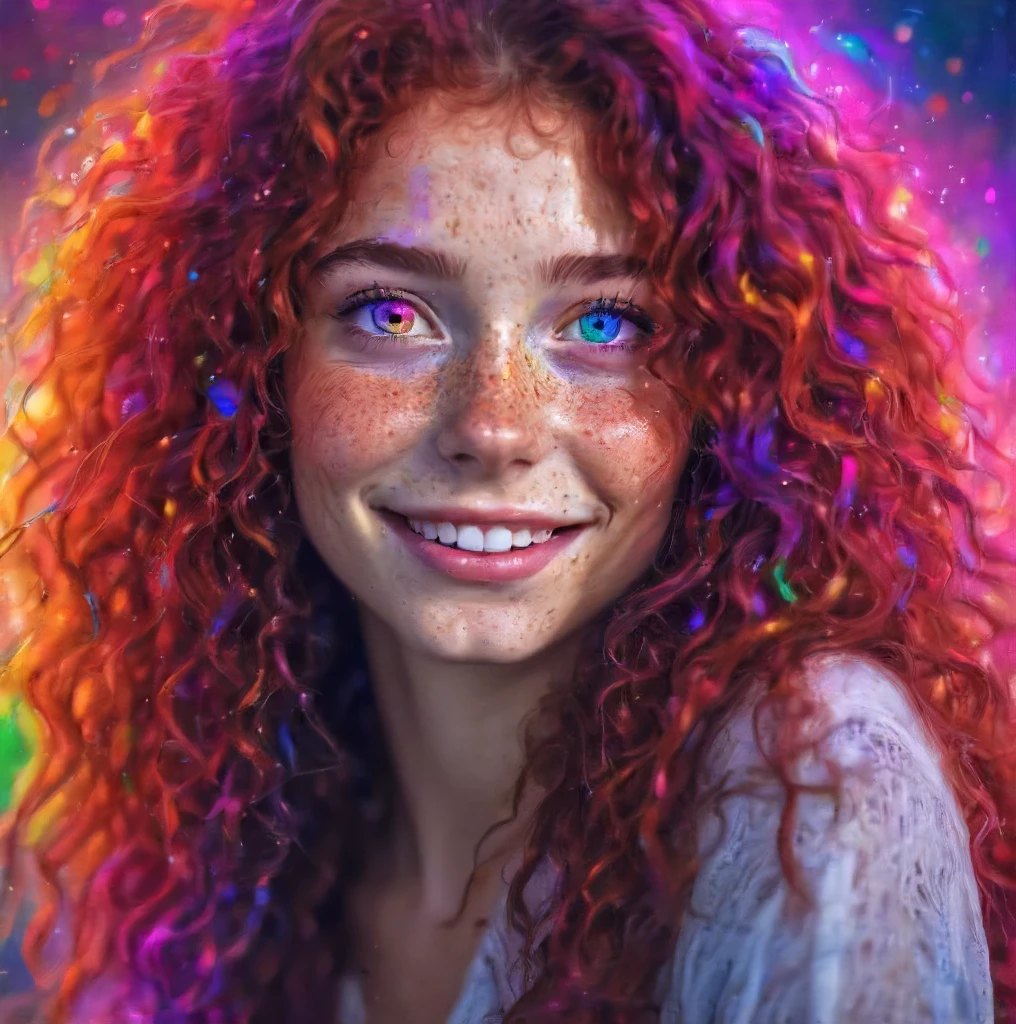 rainbow eyes, multicolored eyes, beautiful, 1girl, (freckles), big smile, ruby eyes, long curly hair, dark makeup, hyperdetailed photography, soft light, head and shoulders portrait, cover,8k, masterpiece <lora:rainbow_iris_v2:0.6>