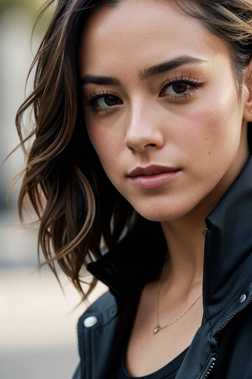 a photo of quak3-001, realistic,  a woman in a black jacket, t-shirt, is looking at the camera with a serious look on her face, a character portrait, long [black|blonde] hair. (head and shoulders closeup:1.2)  fcHeatPortrait