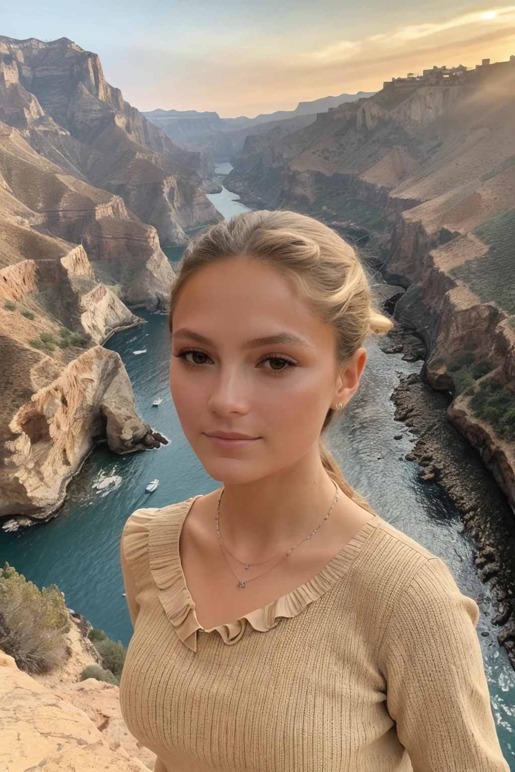 <lora:Wolvie_andr3aDMV_v4.0:1> andr3admv, woman, high cheekbones, slim, narrow face, petite, wearing honey color colored Ruffle knit top, background of with a canyon in the background, distant sailboats gliding on calm waters, necklace, jewelry, smile, (masterpiece:1.3),(best quality:1.3),8k, highestres, absurdres, perfect composition, delicate, realistic proportions, ultra sharp, beautiful, stunning beauty, beautiful detailed eyes, textured skin, perfect face, Canon50, perfect shadows,