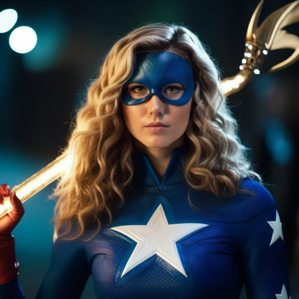 cinematic photo a woman dressed as a superhero with a stick <lora:Stargirl1024:0.8> . 35mm photograph, film, bokeh, professional, 4k, highly detailed