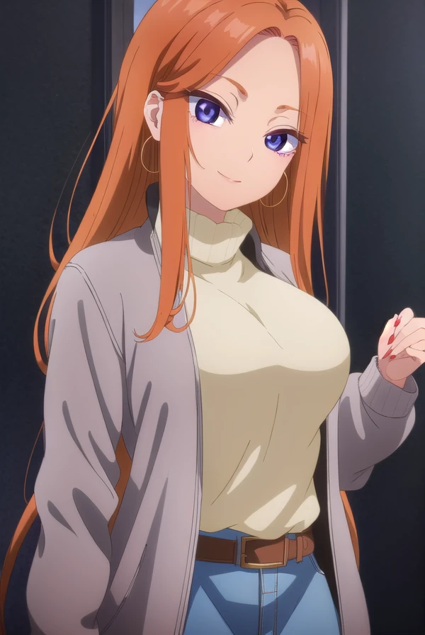 maifuyuki, <lora:mai fuyuki s1-lora-nochekaiser:1>,
mai fuyuki, long hair, orange hair, (purple eyes:1.1), (forehead:1.2), smile, 
BREAK earrings, hoop earrings, skirt, jacket, belt, sweater, turtleneck, red nails, turtleneck sweater, grey jacket, grey sweater,
BREAK indoors,
BREAK looking at viewer, (cowboy shot:1.5),
BREAK <lyco:GoodHands-beta2:1>, (masterpiece:1.2), best quality, high resolution, unity 8k wallpaper, (illustration:0.8), (beautiful detailed eyes:1.6), extremely detailed face, perfect lighting, extremely detailed CG, (perfect hands, perfect anatomy),