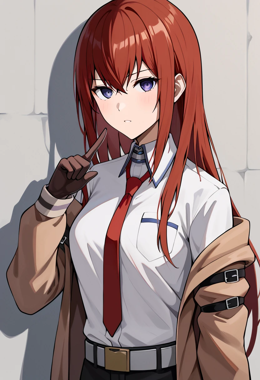 score_9, score_8_up, <lora:kurisu:1> kurisu, 1girl,bangs, belt,chain,chained,gloves,hair between eyes,long hair,((makise kurisu)),clean_hands,((finger pointing at viewer)),reasonable posture,red hair,shirt, solo,standing,makise_kurisu, 1girl,long_hair, jacket, solo, brown_hair, looking_at_viewer, necktie, blue_eyes, red_necktie, upper_body, bangs,looking at viewer