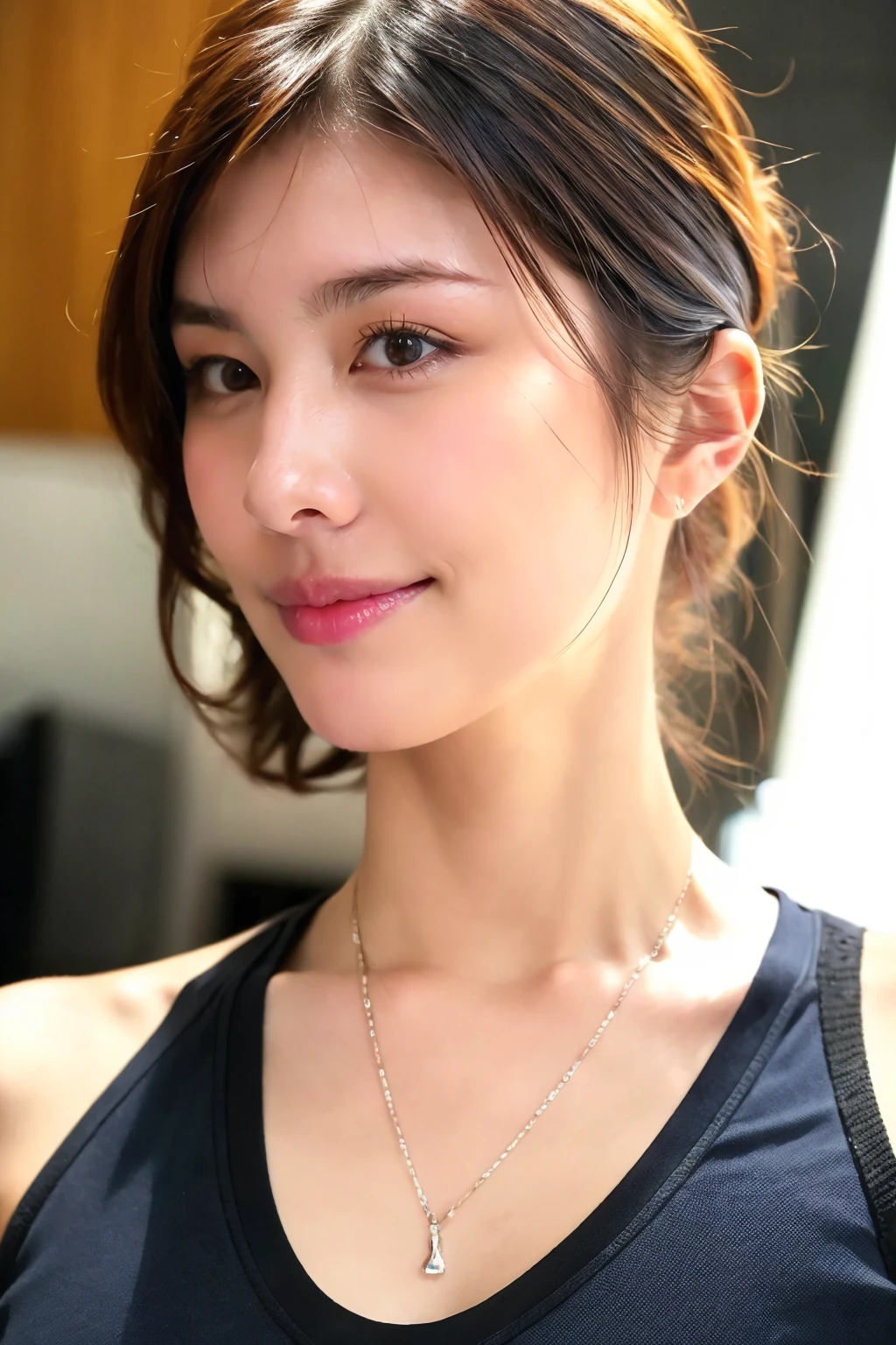 1girl, minosuzune_jav, brown eyes, smile:0.5, parted lips, breasts,  <lora:suzumeMino_JAV-10:0.8>
realistic human face, looking at viewer, beautifully detailed, detailed face, detailed body, looking at viewer, close-up shot, sitting, sports bra, yoga pants, necklace,
(ultimate quality, masterpiece, highres:1.0), (photorealistic, realistic:1.9),  natural lighting, professional photoshoot,