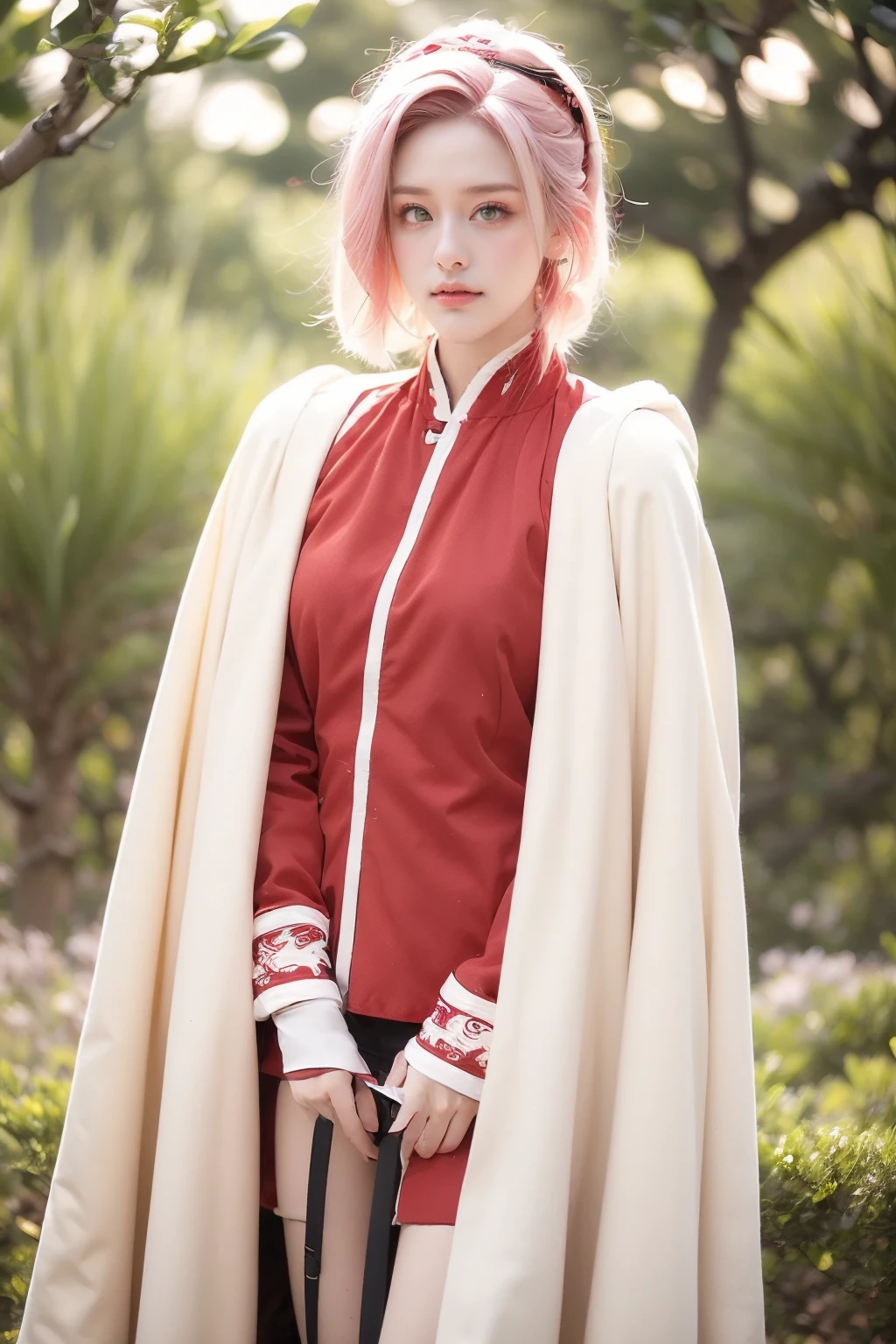 <lora:xiaoyin-6:0.8>,(face lighting:0.8),bright backlight,super high resolution,best quality,Photos,4k,(Realistic:1.2),xiaoyin,1girl,pink hair,short hair,green eyes,thigh,outdoor,<lora:hanfu,winter hanfu,Cloak:0.8>, hanfu,winter hanfu,Cloak,