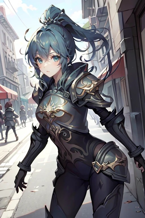 <lora:Hxarmour_00301:1>,S-shape pose,, hxarmour,1girl,(dark blue armour:1.3),Alternate Dimensions Hectic Street Life,