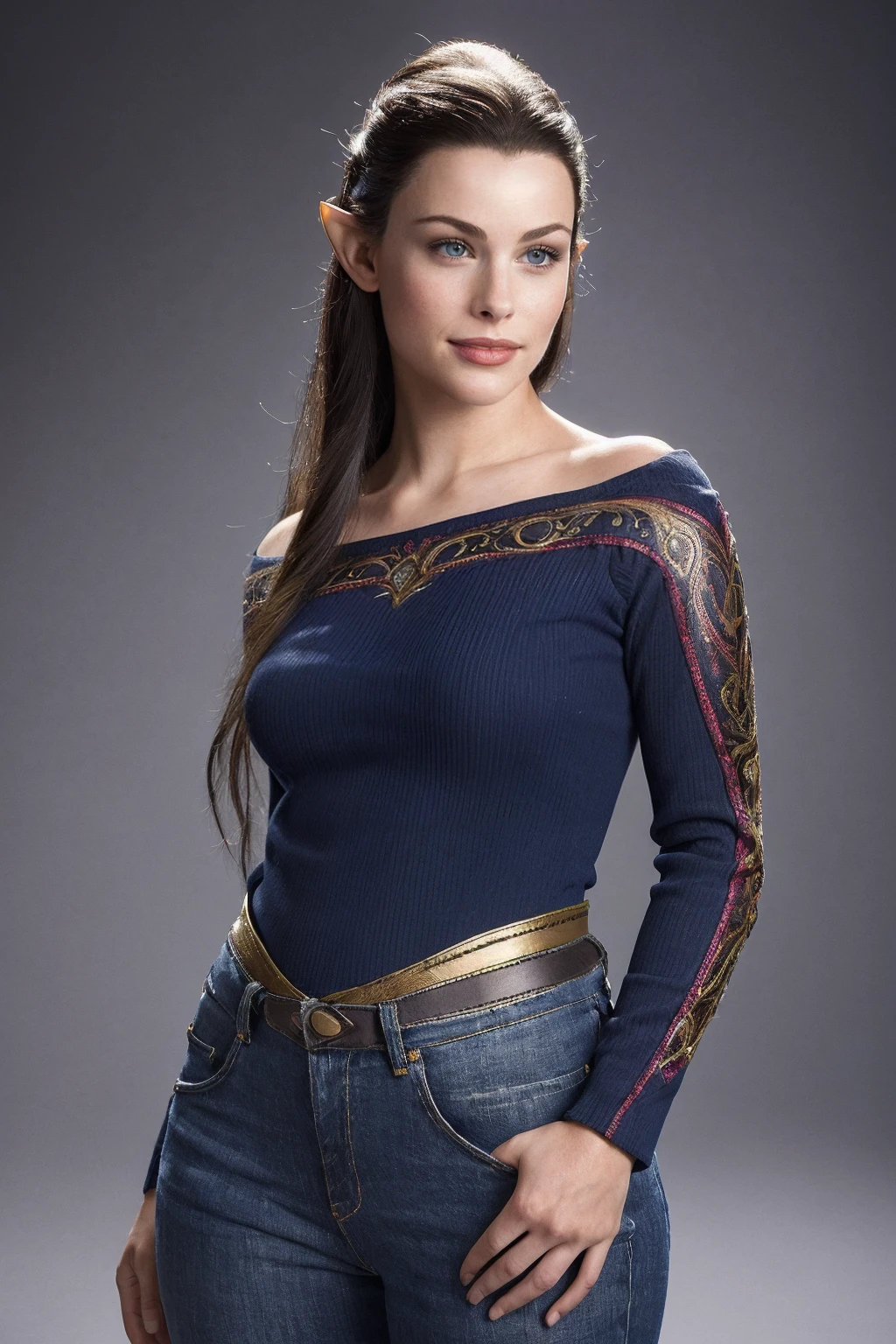 ((masterpiece,best quality,edgQuality)),(smile),1girl,solo,standing,posing,
edgelf_woman,edgelf_face,edgelf_body,pointy ears,looking at viewer,off shoulder sweater,jeans
 <lora:edgLoTRelfDollLikenessv1:0.8>