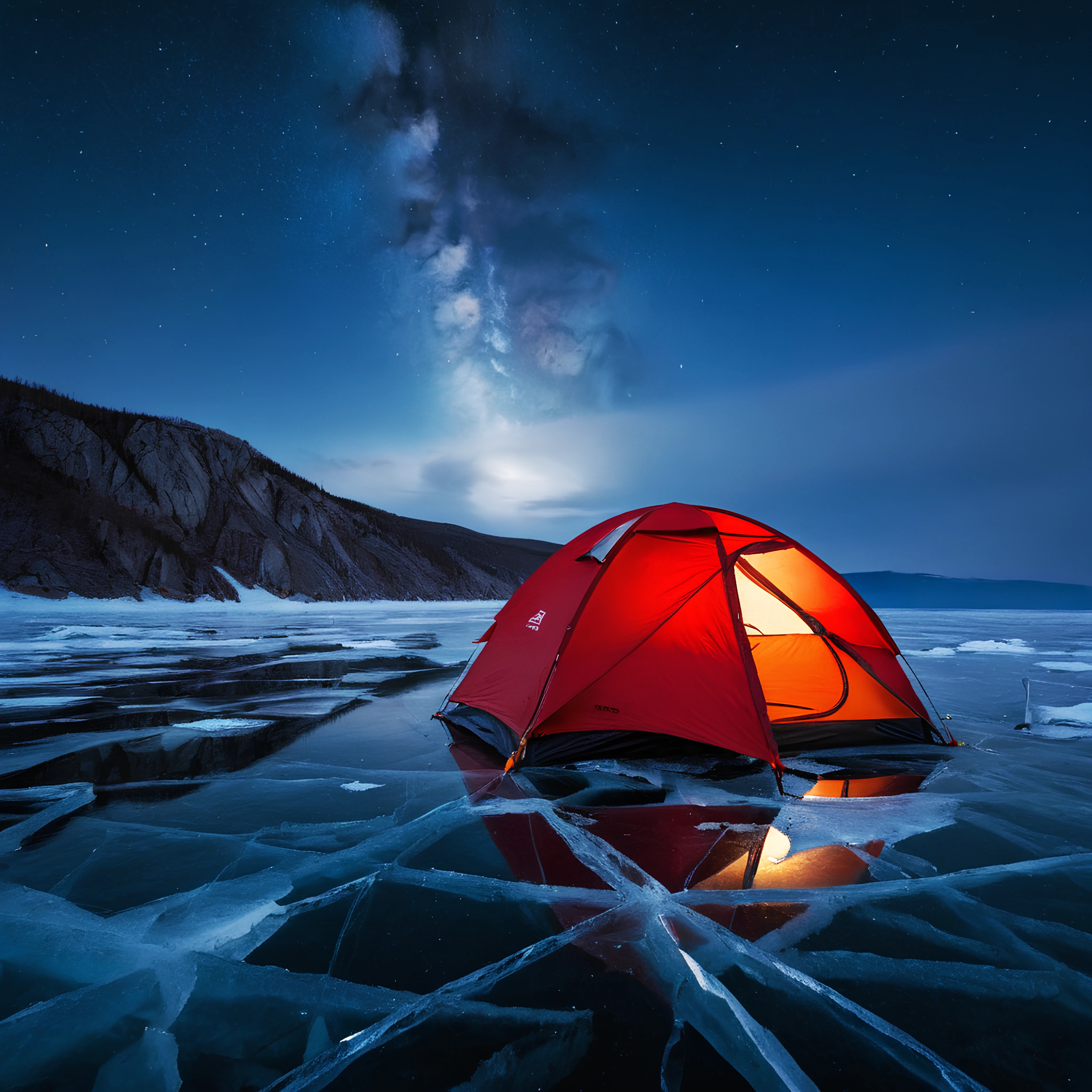 Professional half body photo of frozen Lake Baikal, partially cloudy, starry night, a small tent illuminated from the inside is set on the cracked ice next to a red off road car. naked woman sitting inside the tent, DSLR photo, high details, masterpiece, epic, cinematic, dynamic, movie poster, hero, NSFW