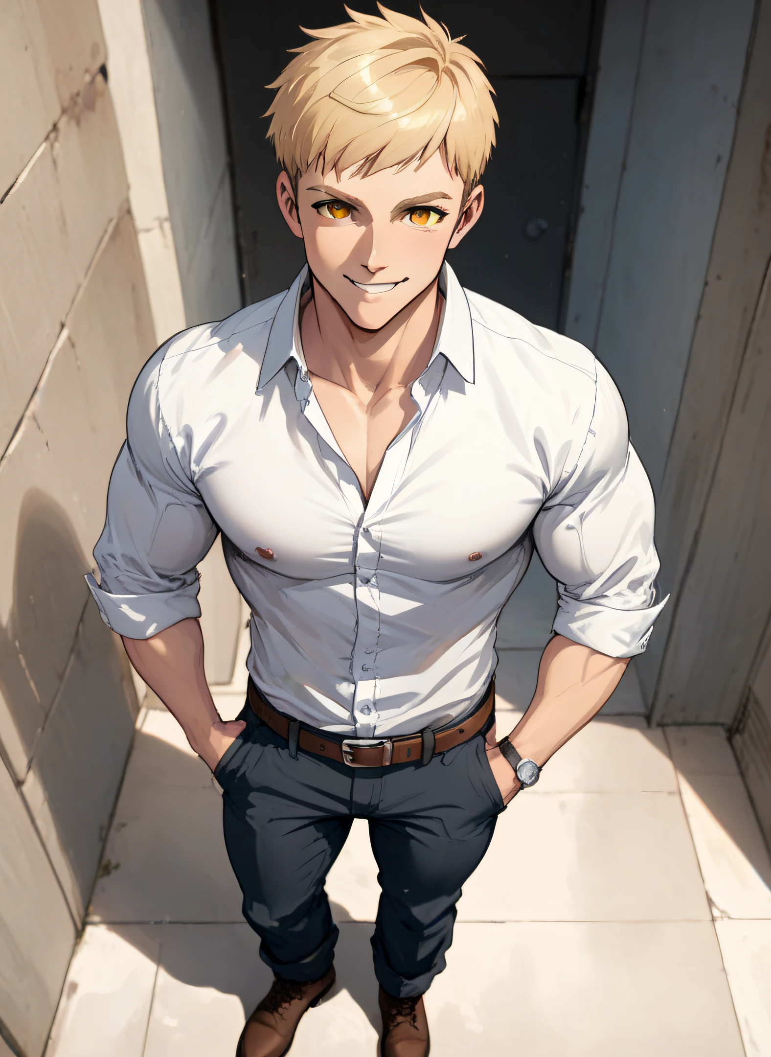 <lora:Laios:0.7> Laios solo,looking at viewer,smile,short hair,blonde hair,shirt,1boy,standing,yellow eyes,full body,white shirt,male focus,boots,collared shirt,belt,pants,muscular,from above,brown footwear,pectorals,muscular male,sleeves rolled up,toned,hands in pockets,partially unbuttoned,toned male