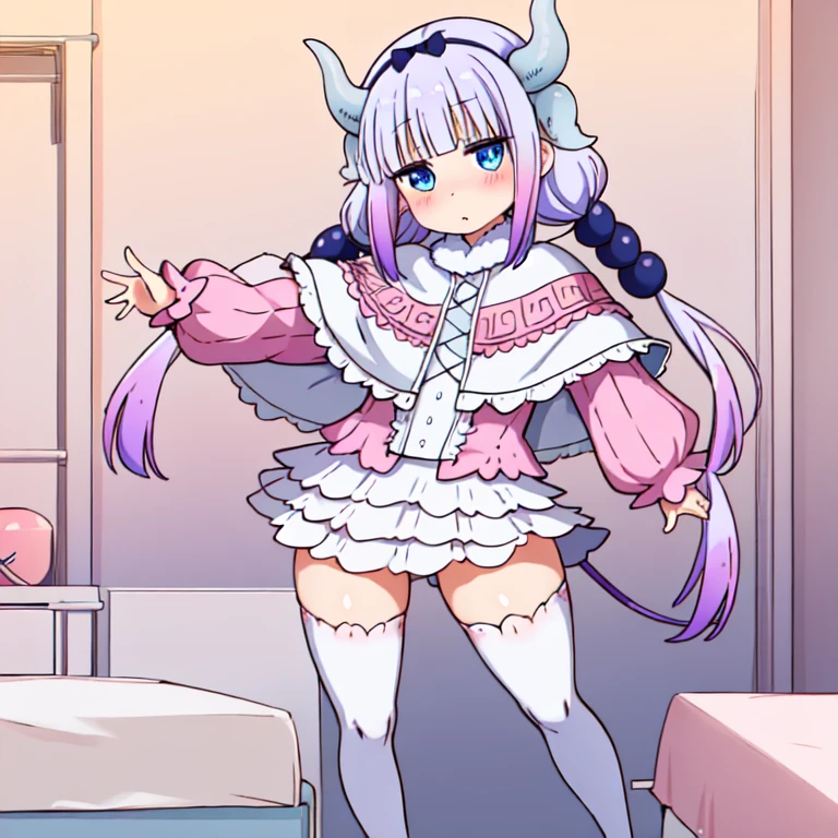 1girl, kanna, blue_eyes, solo, dragon_horns, dragon_girl, bedroom, full body, kannakamui, long hair, twintails, hair ornament, hairband, low twintails, looking at viewer, tail, hair beads, thighhighs, beads, white thighhighs, capelet, bangs, blush, detailed background, <lora:Kanna-v1:1>