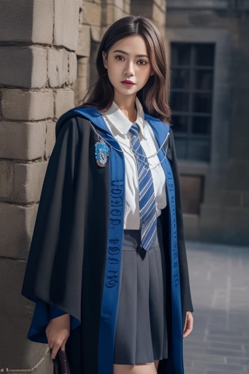 ltra-detailed,highly detailed,best quality,masterpiece,illustration,realistic,photorealistic,
1girl, solo,
ravenclaw uniform, hogwarts school uniform,
looking at viewer, cowboy shot, 
<lora:ravenclaw uniform_v1_05:1.0>