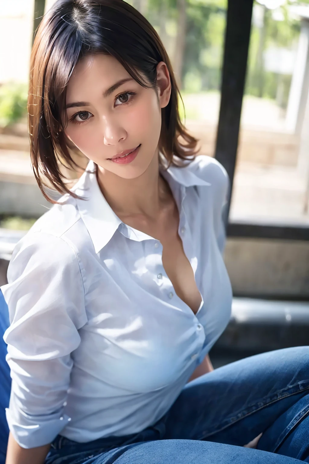 1girl, minosuzune_jav, brown eyes, smile:0.5, parted lips, breasts,  <lora:suzumeMino_JAV-10:0.8>
realistic human face, looking at viewer, beautifully detailed, detailed face, detailed body, looking at viewer, cowboy shot, sitting, collared shirt,
(ultimate quality, masterpiece, highres:1.0), (photorealistic, realistic:1.9),  natural lighting, professional photoshoot,