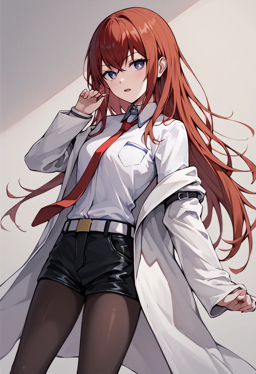 score_9, score_8_up, <lora:kurisu:1> kurisu, 1girl,solo, labcoat,collared shirt,red necktie, black shorts, black pantyhose