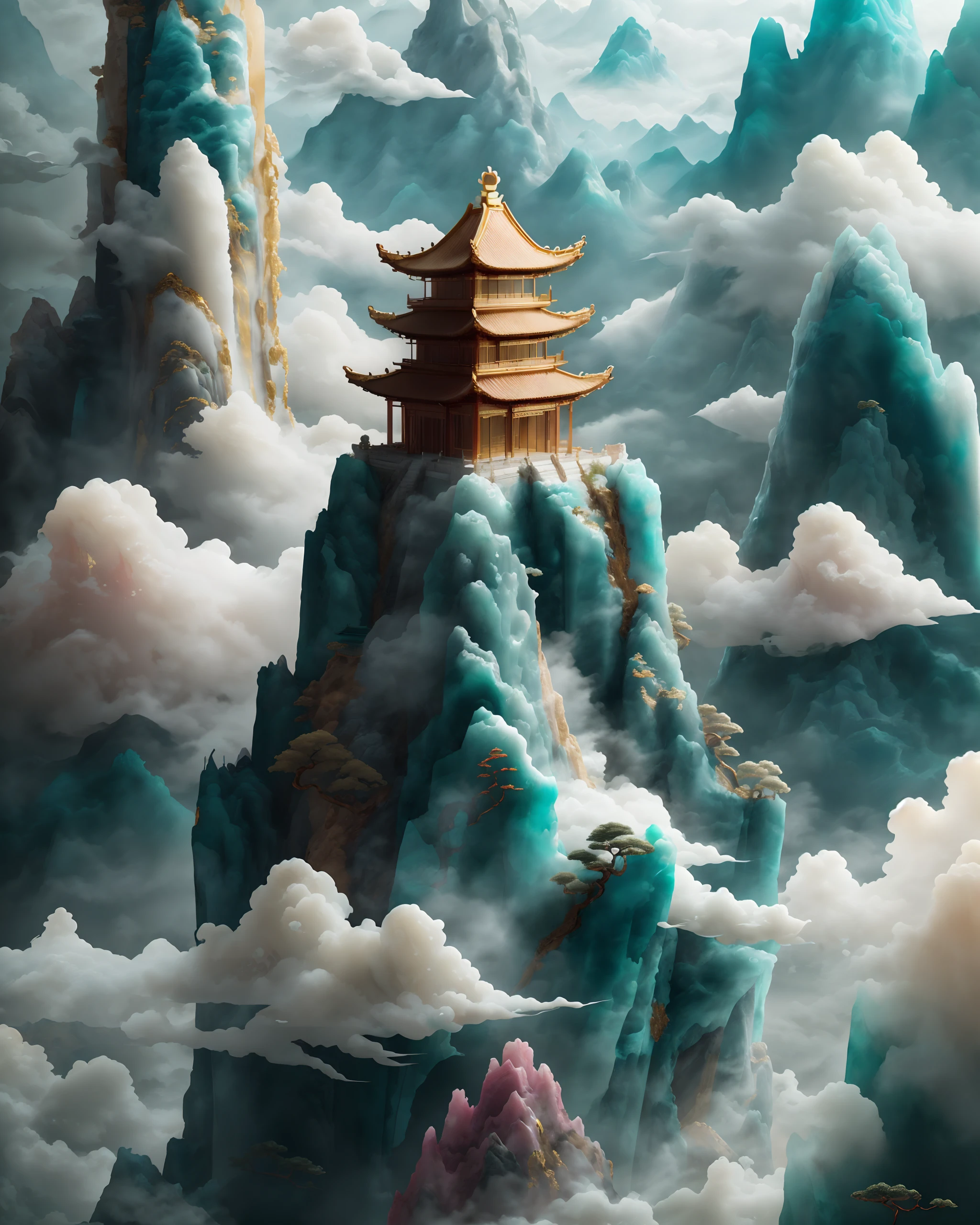 ((Best Quality)),((Masterpiece)),(Details),Miniature landscape,Chinese style,jade carving,mountains,ancient buildings in the clouds,realistic details,very good light transmittance,miniature sculpture,jade,three-dimensional,3D,blender,C4D,<lora:å½é£éçå¾®æ¯è§_v1.0:1>,