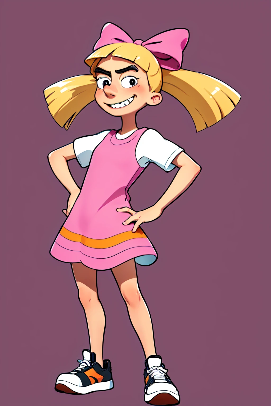 <lora:HelgaP(2.0):0.7> helga, solo, 1girl, blonde hair, floating hair, black eyes, twintails, monobrow, hair bow, pink dress, smile, sneakers,looking at viewer, hand on hip, simple background, standing, teeth,