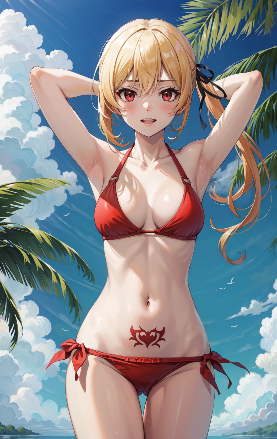 masterpiece, best quality, highres,
LizsharteDef, 1girl, solo, parted lips, blonde hair, red eyes, long hair, hair between eyes, side ponytail, long ponytail, very long hair, hair ribbon, sidelocks, breasts, blush, bangs, ribbon, 
navel, cleavage, collarbone, swimsuit, groin, tattoo, side-tie bikini bottom, thigh gap, red bikini, pubic tattoo,
cowboy shot, arms behind head, armpits, arms up, armpit crease, looking at viewer, forest, outdoors, tree, sunlight, cloudy, laughing, <lora:Lizsharte:1>